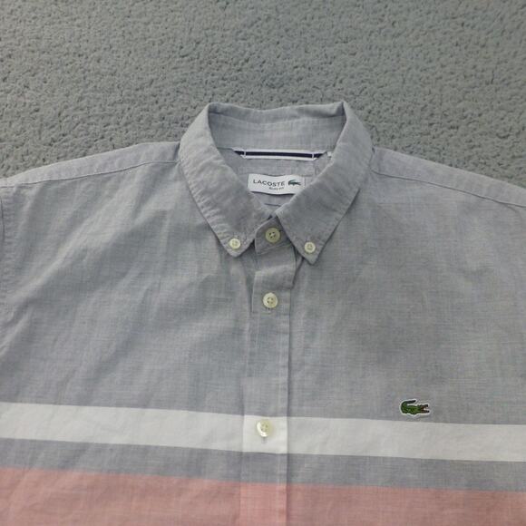Lacoste Shirt Mens Large FR 42 Slim Fit Button Up Gray Croc Logo Striped Preppy - Picture 3 of 11